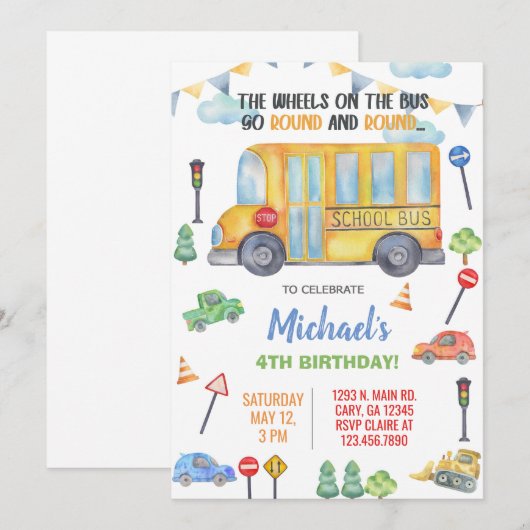 School Bus jongen verjaardag uitnodiging, uitnodig Kaart (Voorkant / Achterkant)