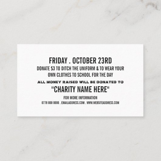  school, Casual Dress Day Fundraiser Visitekaartje (Achterkant)