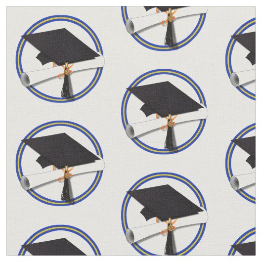 School Colors Blue & Gold Grad Cap w/Diploma Stof (Close Up)