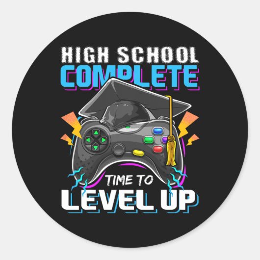 School Compleet Videogame Senior Afstuderen Gift Ronde Sticker (Voorkant)