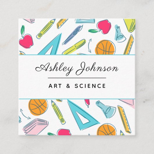 School Dingen Objecten Patroon Leraar Kleurrijke P Vierkante Visitekaartje (Voorkant)