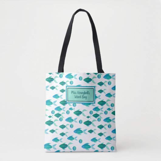 School Fish Ocean Blue Green Gepersonaliseerde ler Tote Bag (Voorkant)