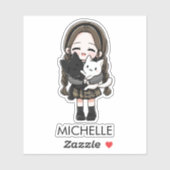 School Girl & Cats Cute Anime Cartoon Personalized Sticker (Vel)