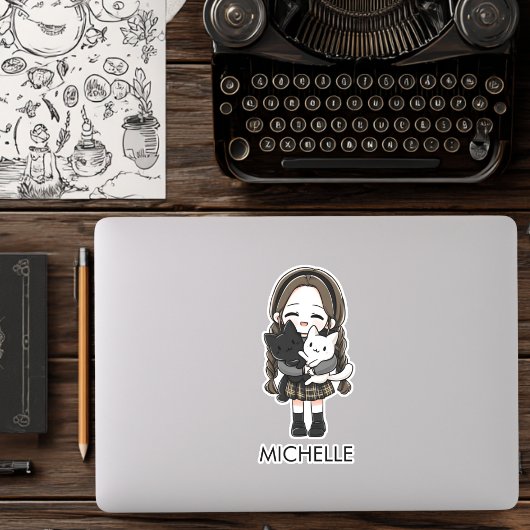 School Girl & Cats Cute Anime Cartoon Personalized Sticker