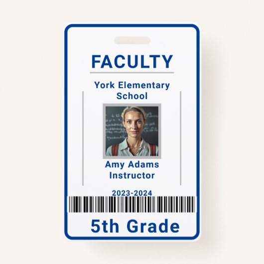 School Leraar ID Badge Sjabloon met Barcode Blauw (Voorkant)