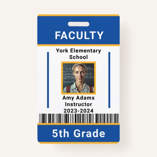 School Leraar ID Badge Sjabloon met Barcode Blauw (Voorkant)