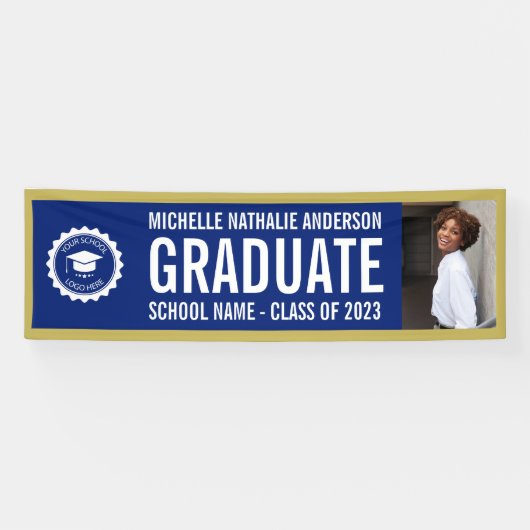 School logo Afstudeerfoto Blauwe Gouden Banner (Horizontaal)