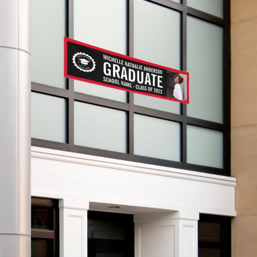 School logo Afstuderen Foto Party Black Red Spandoek (Buitenkant Gebouw)