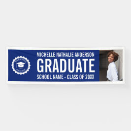 School logo Afstuderen Foto Party BLue White Spandoek