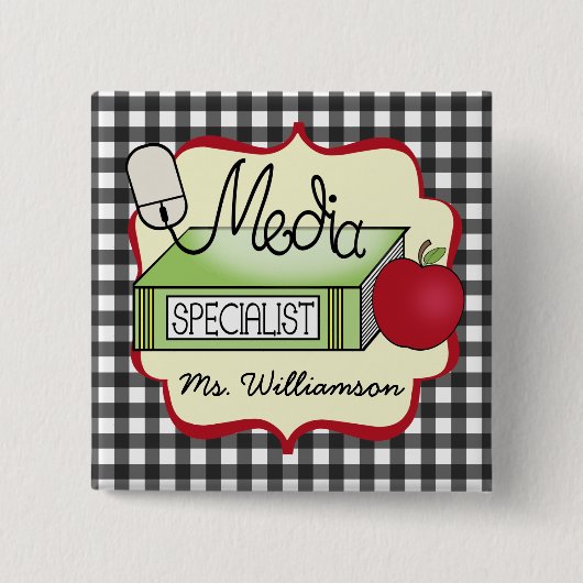 School Media Specialist - Grey Gingham Vierkante Button 5,1 Cm (Voorkant)