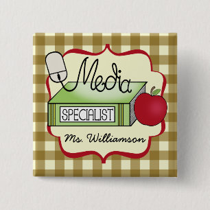 School Media Specialist - Tan Gingham Vierkante Button 5,1 Cm