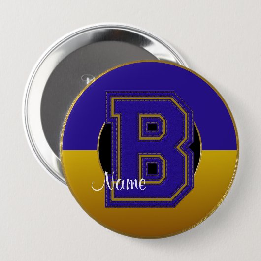 School Monogrammed Button, Blue-Gold Letter B Ronde Button 4,0 Cm (Voorkant /achterkant)