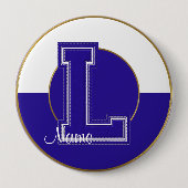 School Monogrammed Button, Blue-White Letter L Ronde Button 4,0 Cm (Voorkant)