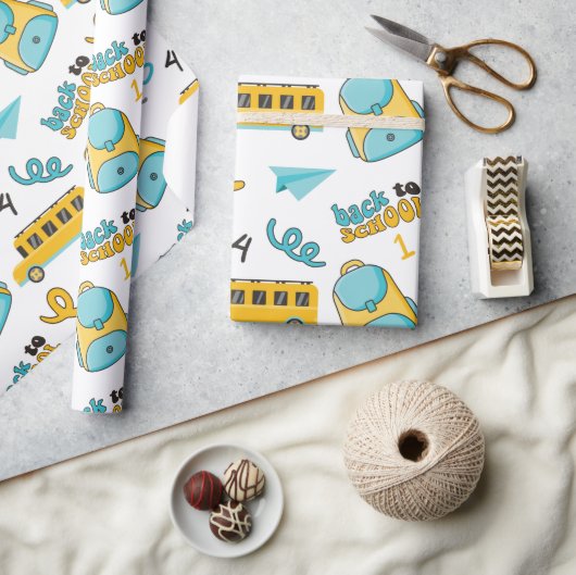 School Naadloos inpakpapier: nummers, tas, bus Cadeaupapier (Crafts)