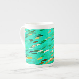 School of Fish, Aqua, Green and Gold Porselein Kop