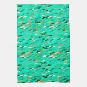 School of Fish, Aqua, Green and Gold Theedoek