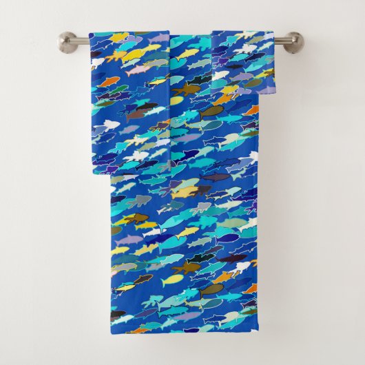 School of Fish, Dark Blue, White en Turquoise Bad Handdoek (Insitu)