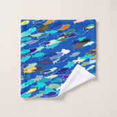 School of Fish, Dark Blue, White en Turquoise Bad Handdoek (Wasdoekje)