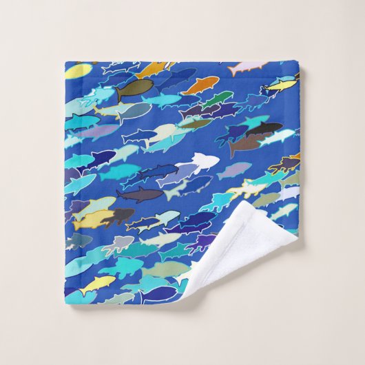 School of Fish, Dark Blue, White en Turquoise Bad Handdoek (Wasdoekje)