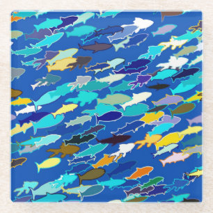 School of Fish, Dark Blue, White en Turquoise Glazen Onderzetter