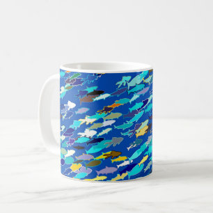 School of Fish, Dark Blue, White en Turquoise Koffiemok