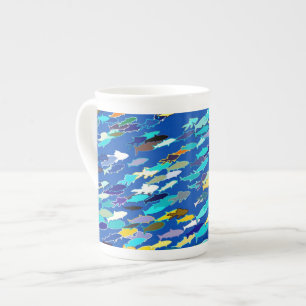 School of Fish, Dark Blue, White en Turquoise Porselein Kop
