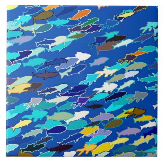 School of Fish, Dark Blue, White en Turquoise Tegeltje (Voorkant)