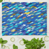 School of Fish, Dark Blue, White en Turquoise Theedoek (Gevouwen)