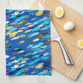 School of Fish, Dark Blue, White en Turquoise Theedoek (Quarter Fold)