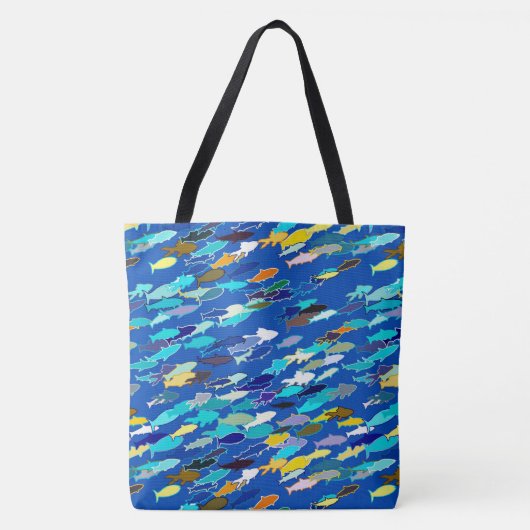 School of Fish, Dark Blue, White en Turquoise Tote Bag (Voorkant)