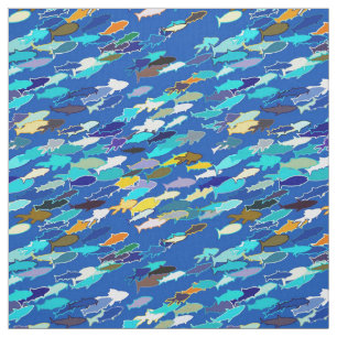 School of fish, dark blue, white, turquoise stof