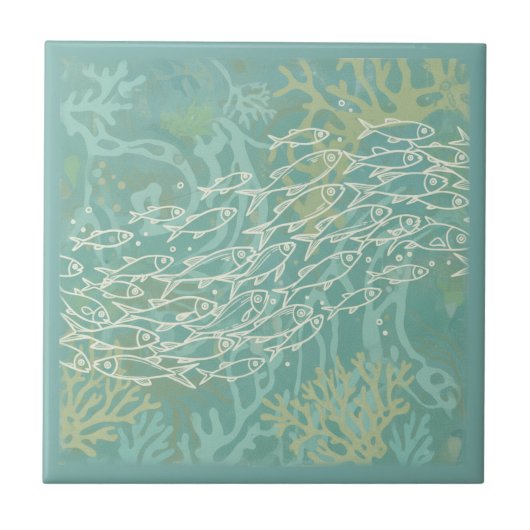 School of Fish in Coral Teal ID1198 Tegeltje (Voorkant)