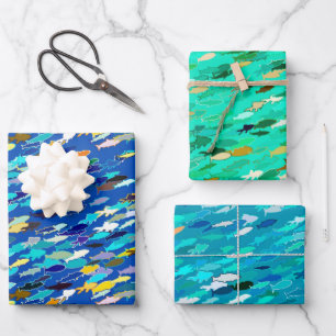 School of Fish, op Dark Blue, Aqua en Turquoise Inpakpapier Vel