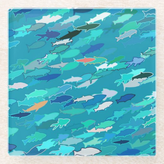 School of Fish, Turquoise, Blue en Aqua Glazen Onderzetter (Voorkant)