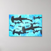 School of Hammerhead Sharks in Silhouette Canvas Afdruk (Voorkant)