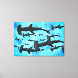 School of Hammerhead Sharks in Silhouette Canvas Afdruk