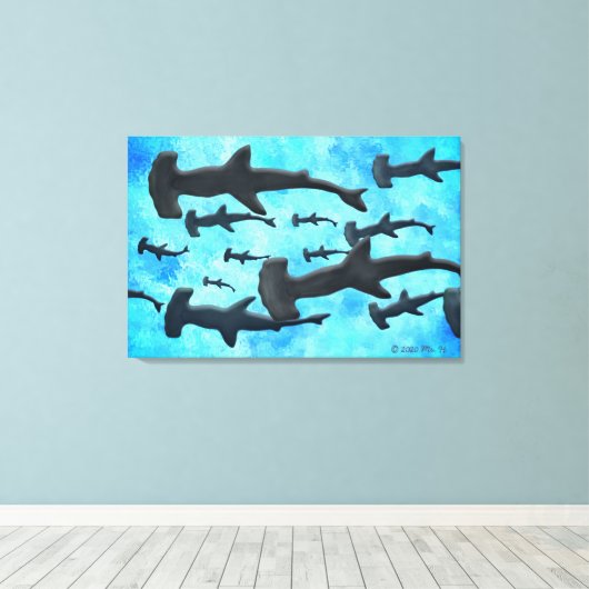School of Hammerhead Sharks in Silhouette Canvas Afdruk (Insitu (Houten vloer))