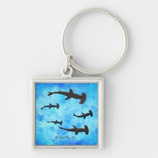 School of Hammerhead Sharks in Silhouette Sleutelhanger (Voorkant)