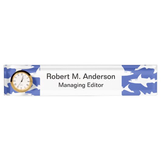 School of Sharks Funny Blue and White Naambordje (Voorkant)