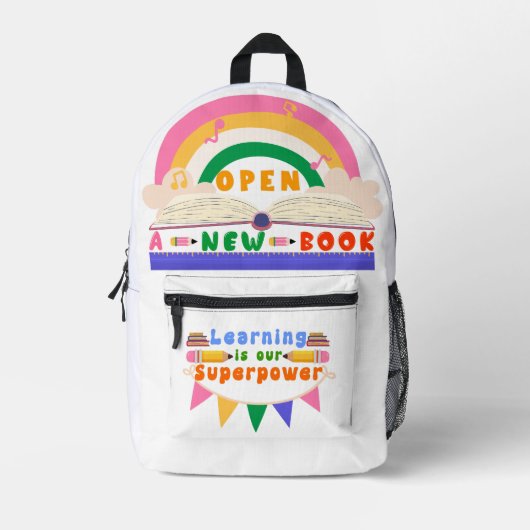 School rugzak met regenboog en open boek ontwerp (Voorkant)