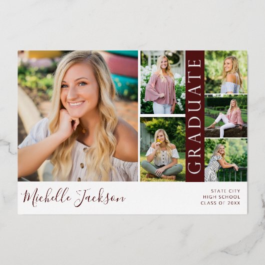 School Spirit 6 Foto Afstuderen Maroon Announce Folie Uitnodiging (Voorkant)