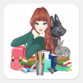 School Study Buddies Furry Friends Sticker, ZKOA Vierkante Sticker