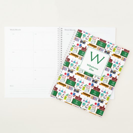 SCHOOL SUBJECTEN Gepersonaliseerd Monogram wit/gro Planner (Display)