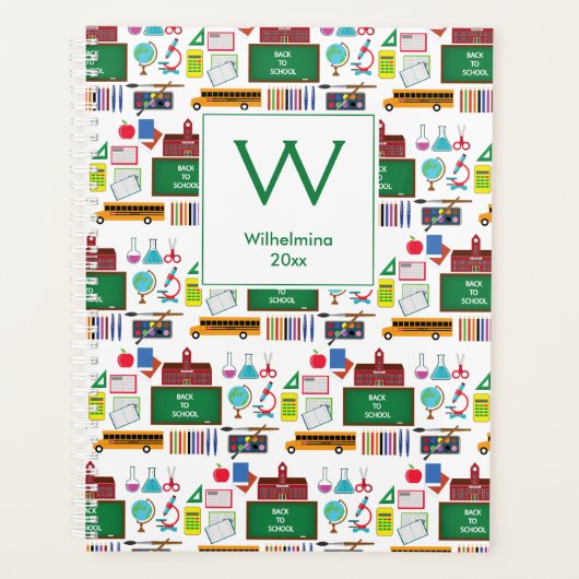 SCHOOL SUBJECTEN Gepersonaliseerd Monogram wit/gro Planner (Voorkant)