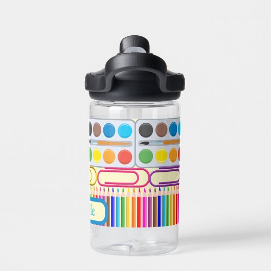 School Supplies Collage - Potloden, Verven, Clips Waterfles (Achterkant)