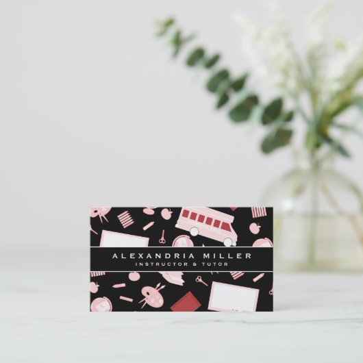 School-testpatroonpatroon | Zwart wit en roze Visitekaartje (Staand voorkant)