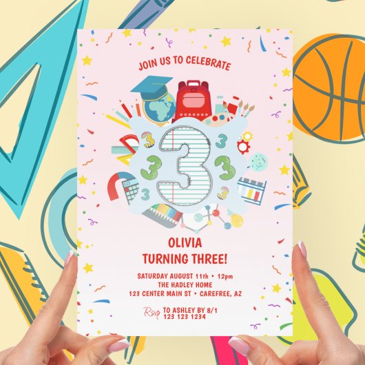 School Thema Roze 3e Verjaardagsfeestje Kaart