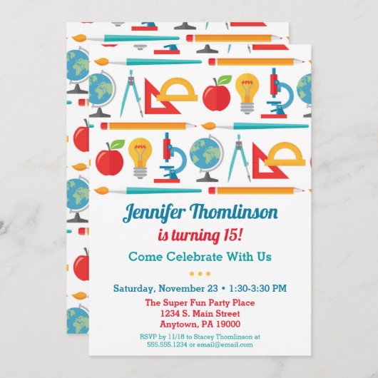 School Theme Birthday Invitation Education Teacher Kaart (Voorkant / Achterkant)