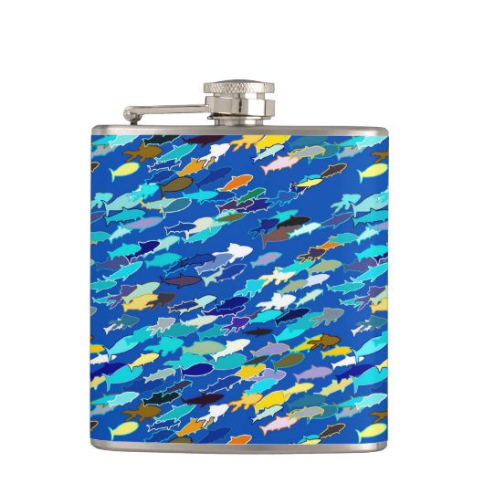 School vissen, donkerblauw, wit en turquoise heupfles (Voorkant)