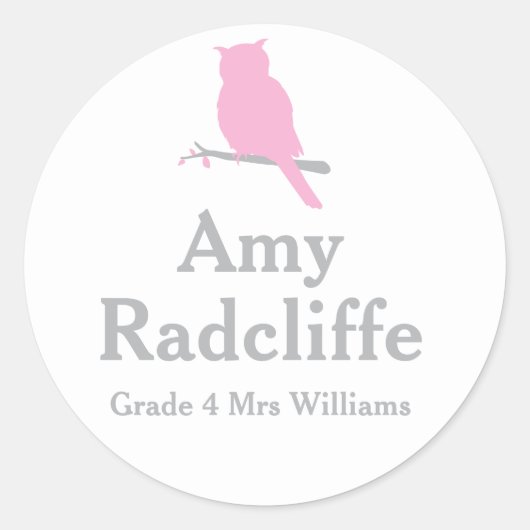 School voeg je klas & naam uil roze id sticker (Voorkant)